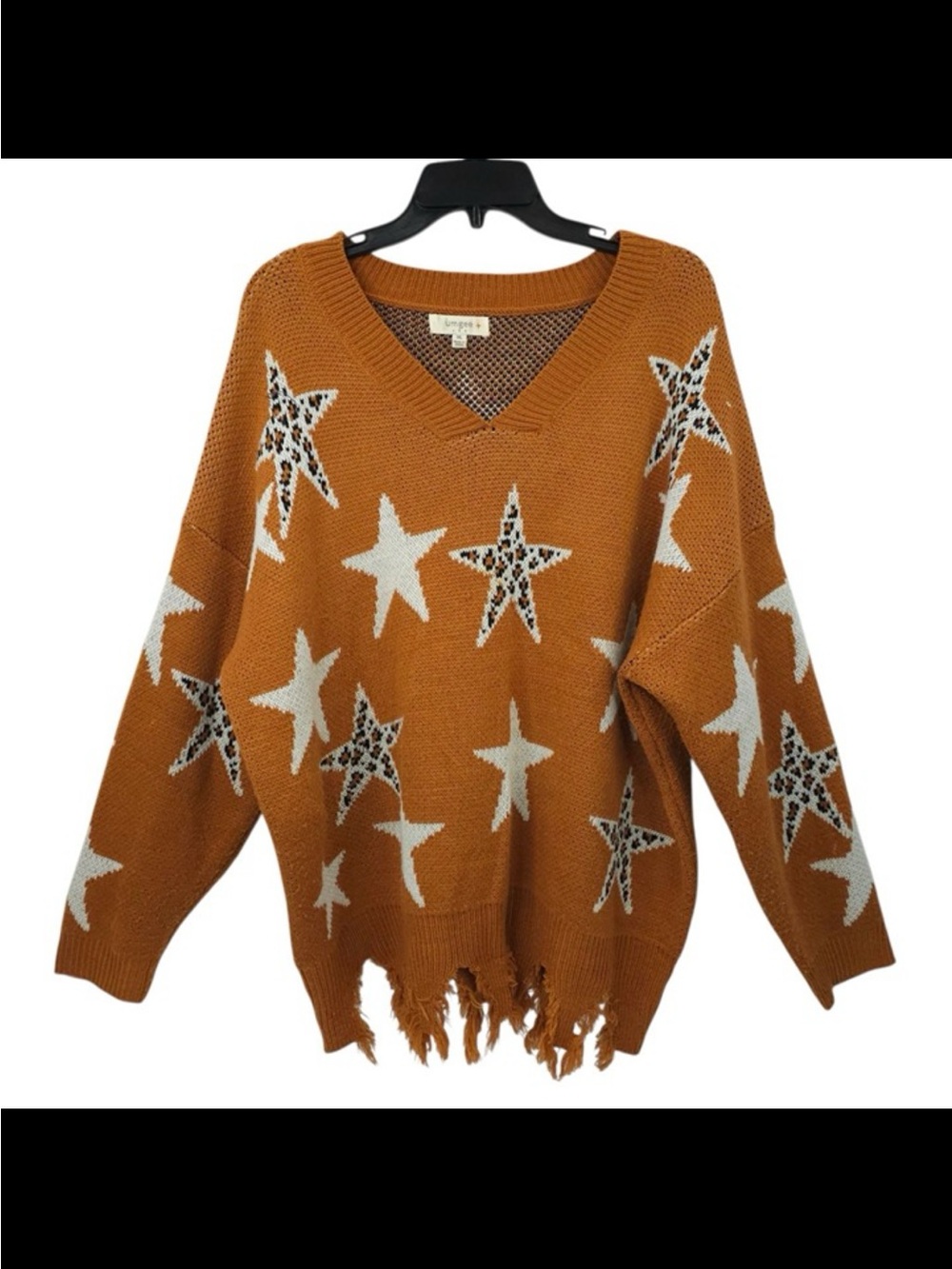 2 Umgee  quilted and Mustard V-Neck Star Sweater with Leopard Accents